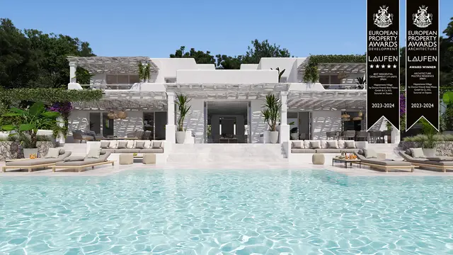 αρχιτεκτονική απεικόνιση Hippiements Village Ibiza με πισίνα – βραβείο European Property Award 2023-2024