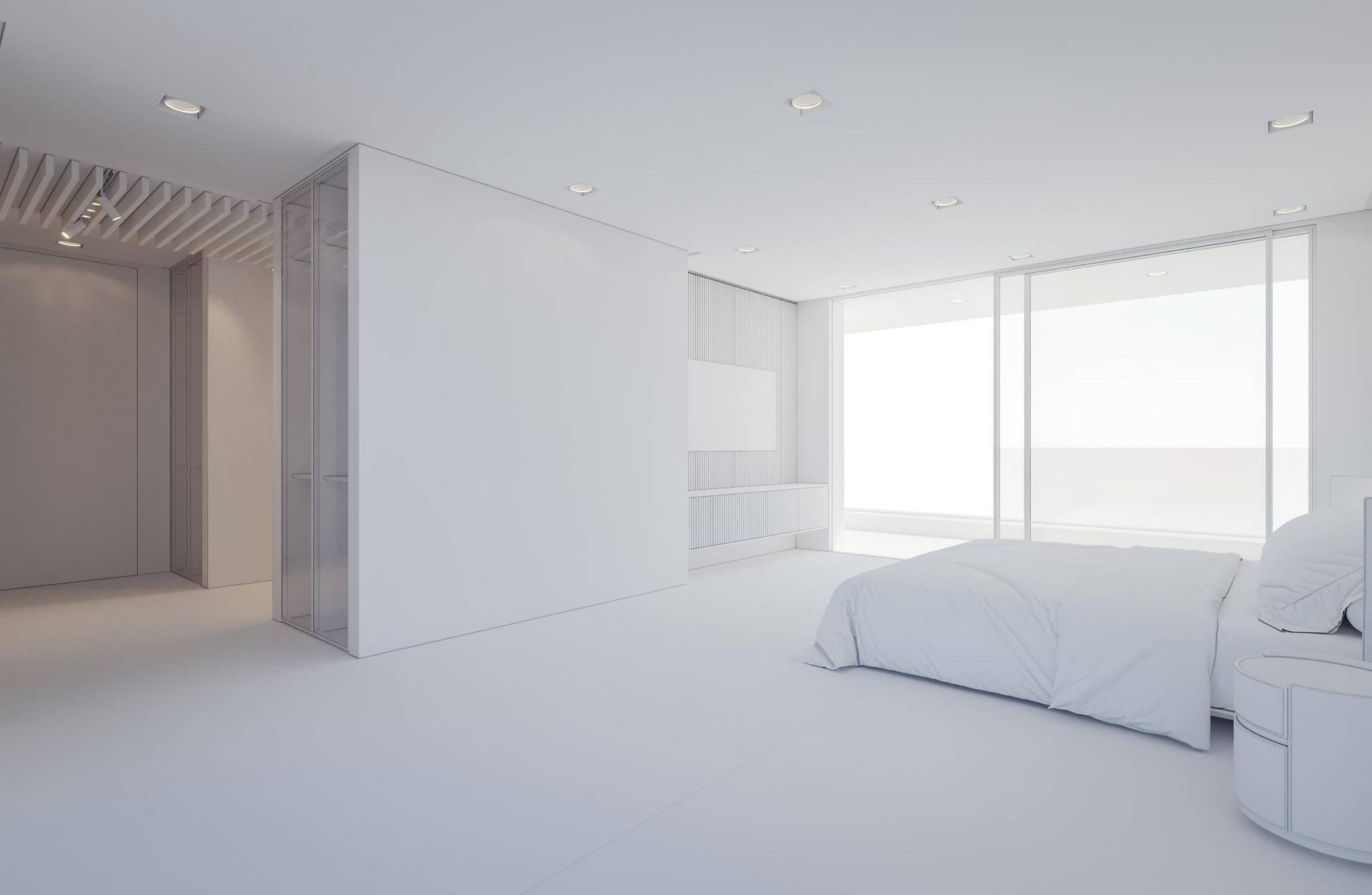 Clay render εσωτερικού υπνοδωματίου για έλεγχο προοπτικής, γεωμετρίας και σύνθεσης εικόνας στο αρχικό στάδιο της αρχιτεκτονικής απεικόνισης