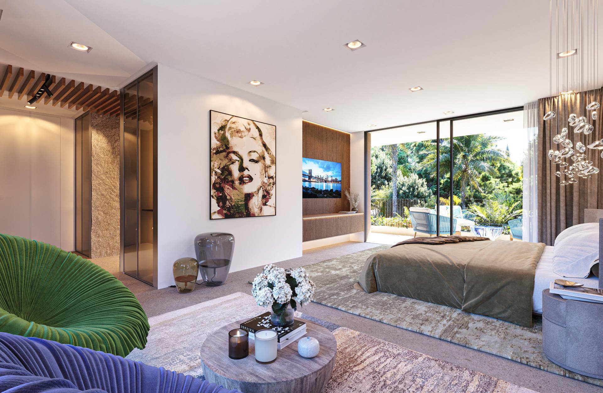 Τελική υψηλής ποιότητας 3D απεικόνιση σύγχρονου υπνοδωματίου με φυσικό φωτισμό υλικά και ρεαλιστικές λεπτομέρειες