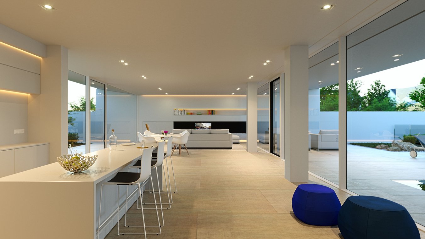 3D απεικόνιση ανοιχτού χώρου καθιστικού και τραπεζαρίας σε βίλα με πισίνα στο Jesolo Lido, Ιταλία, με μοντέρνα έπιπλα και γυάλινους τοίχους.