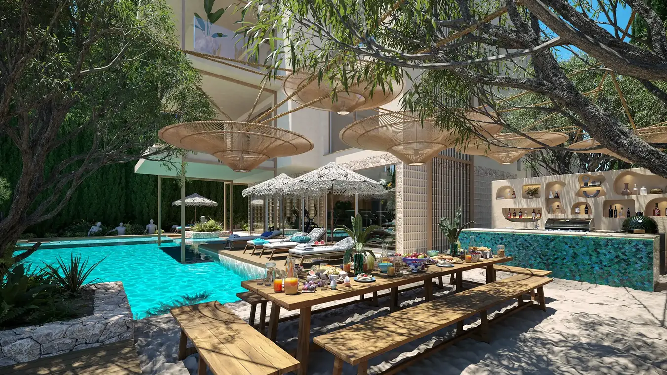Αρχιτεκτονική απεικόνιση beachclub εξωτερικός χώρος με πισίνα και μπαρ – ATLANTIS Ibiza