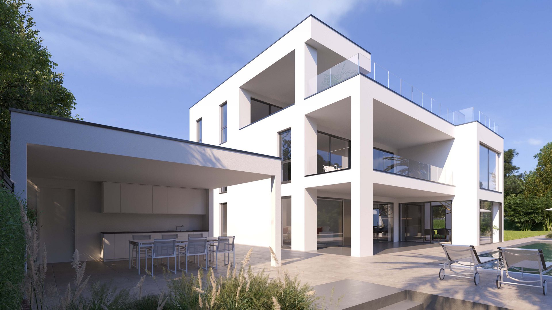 Αρχιτεκτονικός φωτορεαλισμός σύγχρονης βίλας στη Φρανκφούρτη με καθαρές γραμμές, μεγάλες υαλοπροσωπίες, ταράτσα και πισίνα με σκεπαστό εξωτερικό χώρο φαγητού.