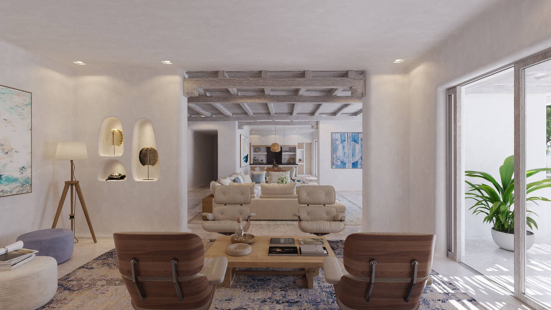 3D απεικόνιση lounge με designer έπιπλα και μεσογειακό interior στο Hippiements Village Ibiza