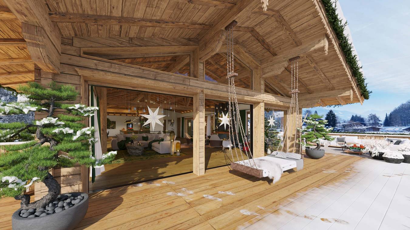 3D απεικόνιση χειμερινής βεράντας chalet με θέα στις Άλπεις στο Kitzbühel Αυστρίας