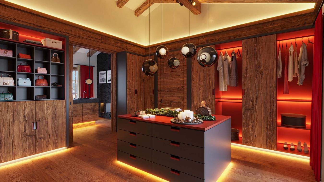 φωτορεαλιστικό 3D rendering walk-in closet σε πολυτελές alpine chalet