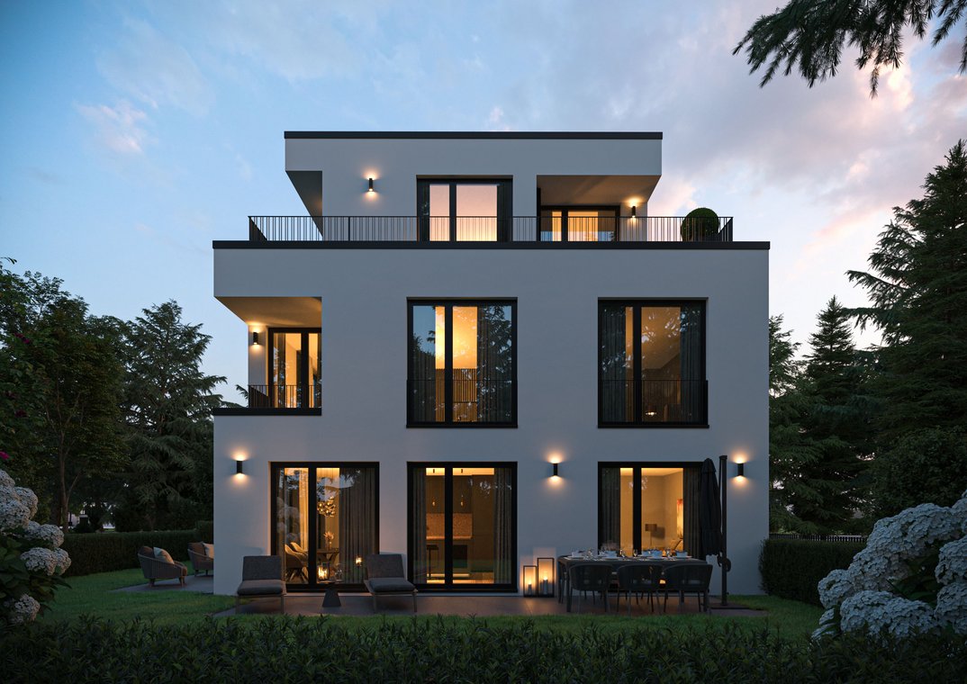 Αρχιτεκτονικός φωτορεαλισμός ενός σύγχρονου τριώροφου σπιτιού στο Μόναχο-Pasing, με μεγάλες γυάλινες προσόψεις, ζεστό φωτισμό στο εσωτερικό και κομψή βεράντα μέσα σε περιποιημένο κήπο.