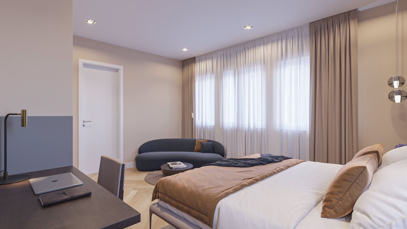 Αρχιτεκτονικός φωτορεαλισμός δωματίου ξενοδοχείου με άνετο χώρο εργασίας, μοντέρνο γραφείο με λάπτοπ, μπλε καναπέ και άπλετο φυσικό φως από μεγάλα παράθυρα.