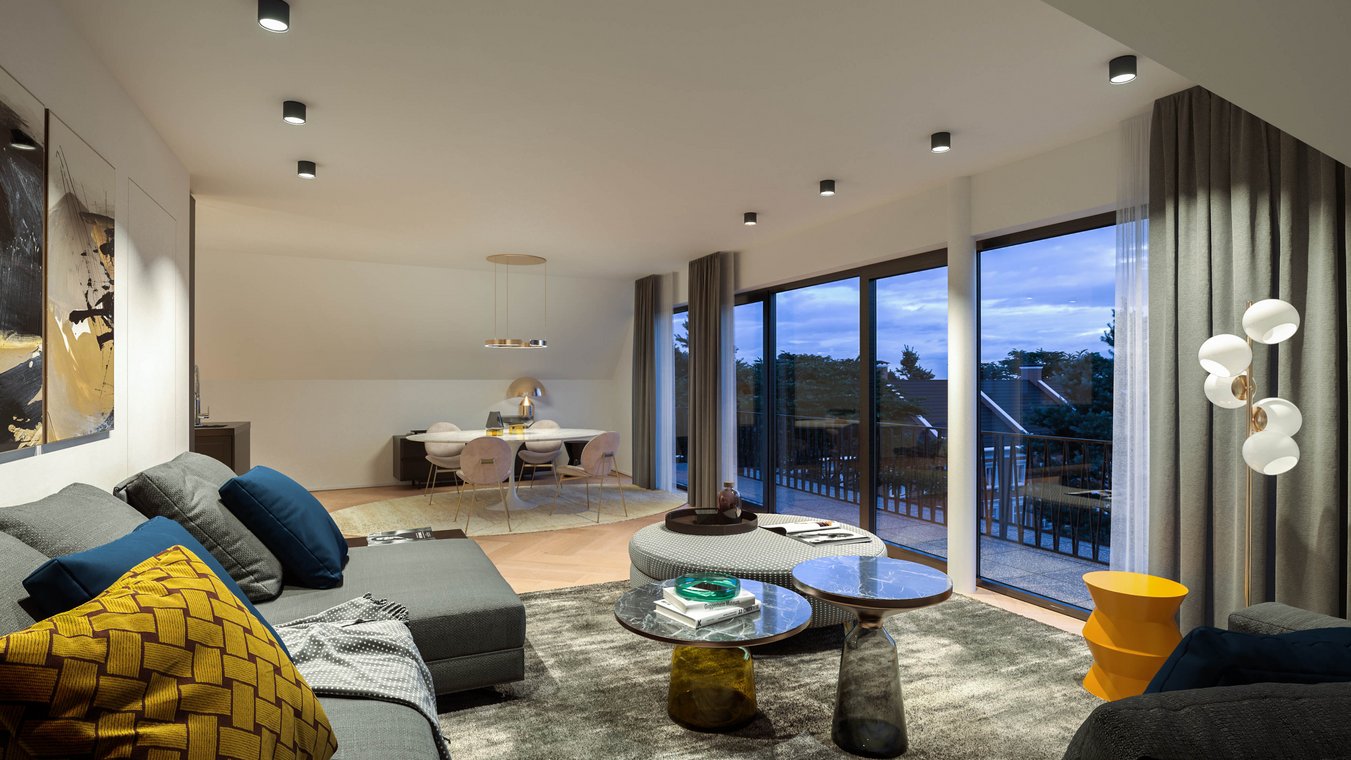 3D αρχιτεκτονικός φωτορεαλισμός από την gmsvision, που δείχνει σύγχρονο σαλόνι με μεγάλα πανοραμικά παράθυρα, κομψή επίπλωση και θέα στο ηλιοβασίλεμα.
