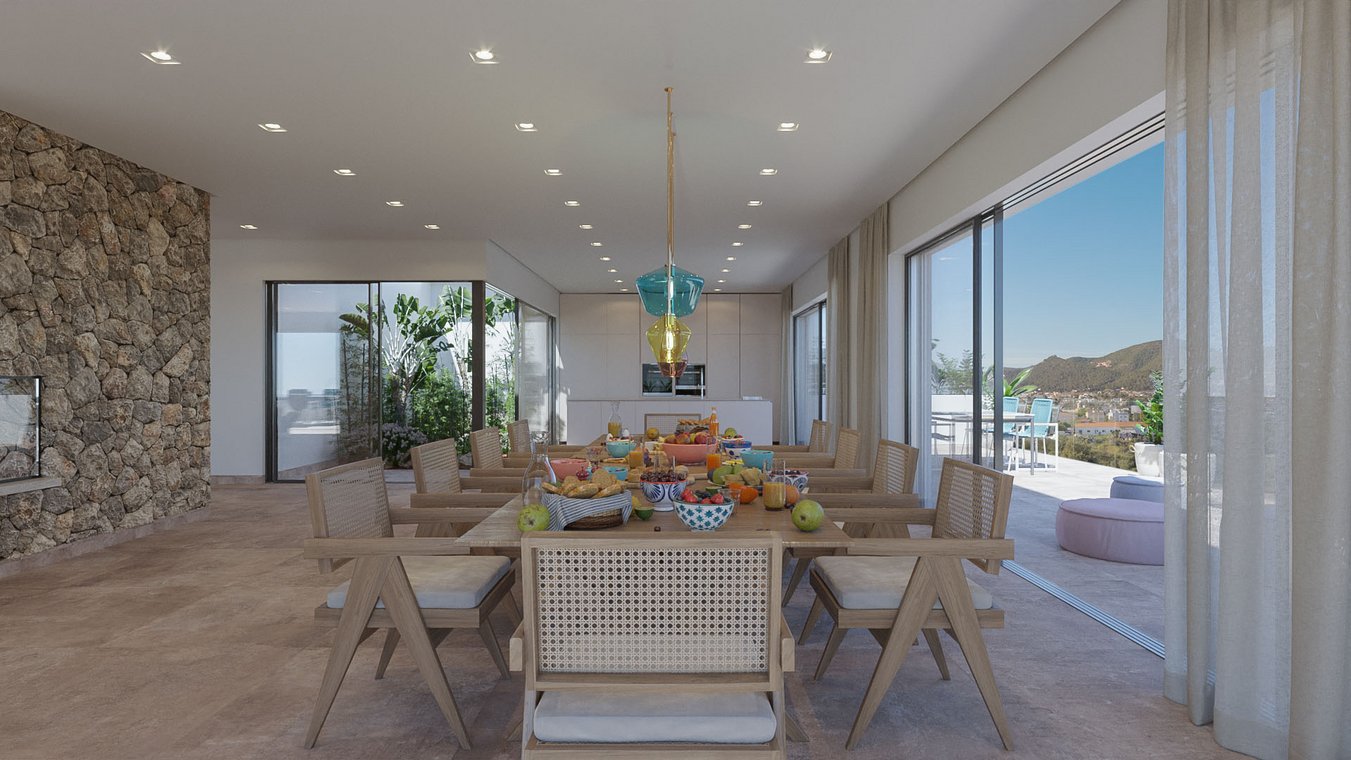 Ανοιχτή τραπεζαρία με μεγάλο ξύλινο τραπέζι γεμάτο φρούτα και μεγάλες τζαμαρίες, λεπτομερής 3D απεικόνιση από gmsvision