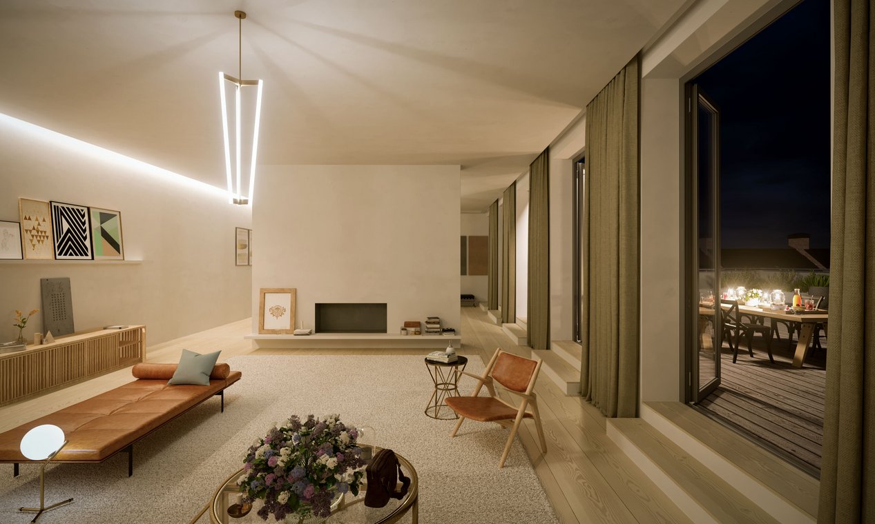 Αρχιτεκτονικός φωτορεαλισμός καθιστικού ρετιρέ στο Βερολίνο τη νύχτα, με ατμοσφαιρικό φωτισμό και φωτισμένη βεράντα που δημιουργεί ζεστή αίσθηση.