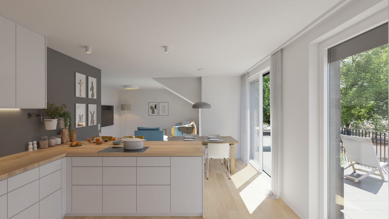 Ανοιχτή κουζίνα με τραπεζαρία και πρόσβαση στο μπαλκόνι, 3D απεικόνιση.
