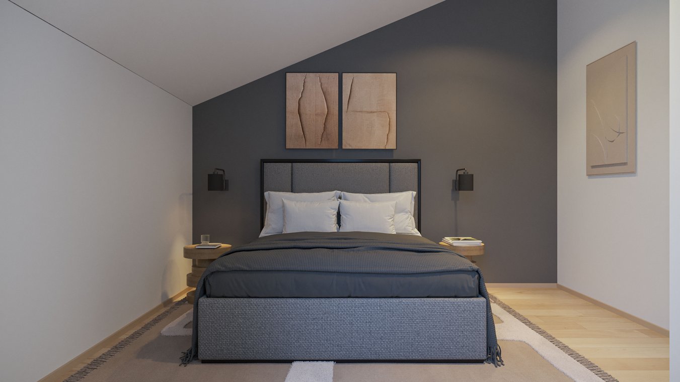 3D Αρχιτεκτονικός φωτορεαλισμός μινιμαλιστικής κρεβατοκάμαρας με σκούρο τοίχο, ξύλινο δάπεδο και μοντέρνα κομοδίνα, από gmsvision.