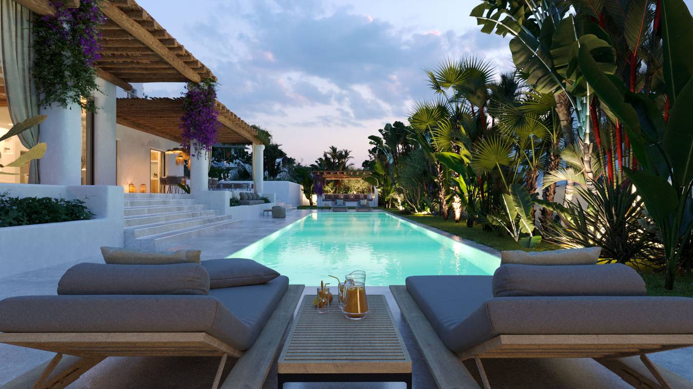 Βεράντα σύγχρονης βίλας στην Ίμπιζα με ξύλινη πέργκολα και lounge καθιστικά – 3D αρχιτεκτονική απεικόνιση