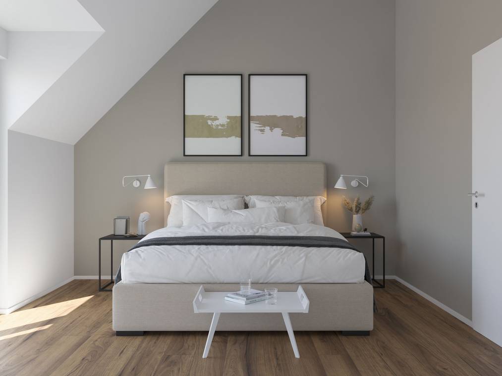 φωτορεαλιστικό 3D rendering minimal υπνοδωματίου με κεκλιμένη οροφή