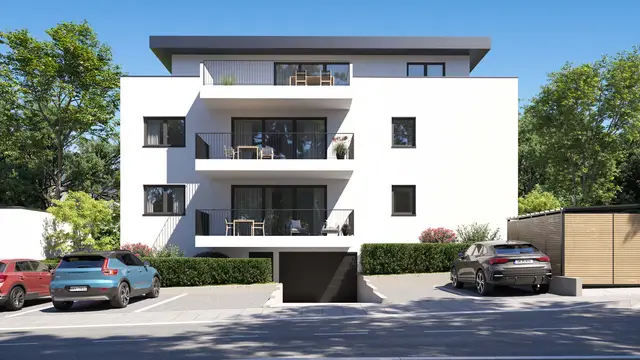 Νεόκτιστη πολυκατοικία με μπαλκόνια, σταθμευμένα αυτοκίνητα και είσοδο γκαράζ, φωτορεαλιστική 3D απεικόνιση από gmsvision