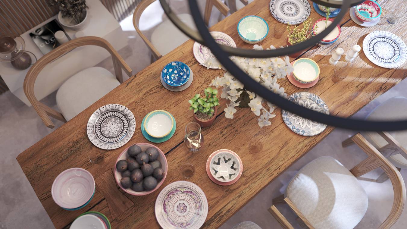 Λεπτομέρεια τραπεζιού με κεραμικά σερβίτσια – φωτορεαλιστικό 3D rendering εσωτερικού χώρου