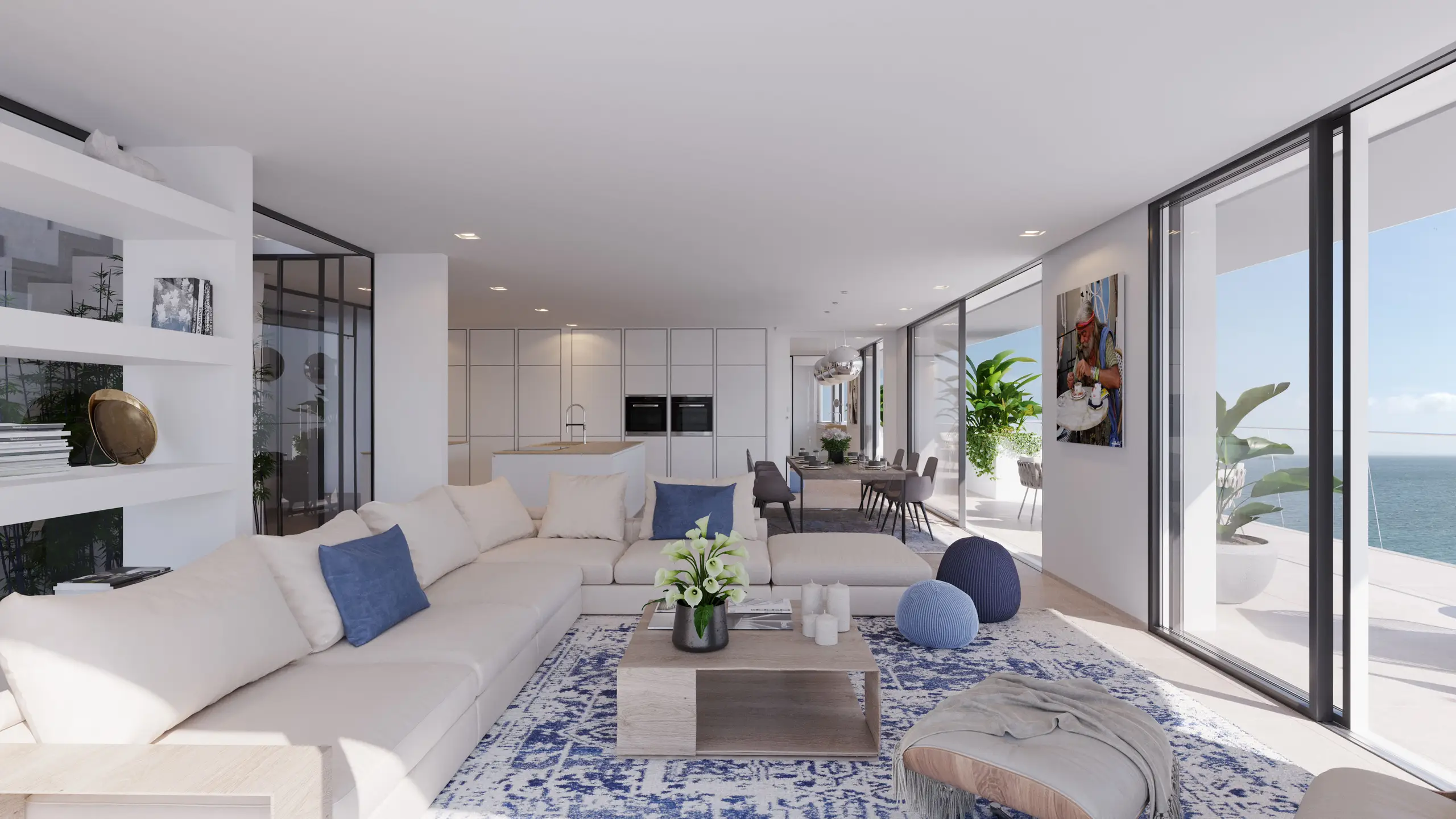 Εσωτερική αρχιτεκτονική απεικόνιση σύγχρονου καθιστικού με ανοιχτή κουζίνα και θέα στη θάλασσα