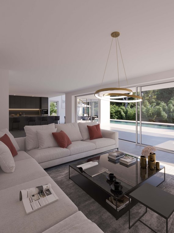 Αρχιτεκτονικός φωτορεαλισμός κομψού καθιστικού στη Φρανκφούρτη με λευκό καναπέ, μοντέρνο γυάλινο τραπέζι και θέα προς την αυλή και την πισίνα.