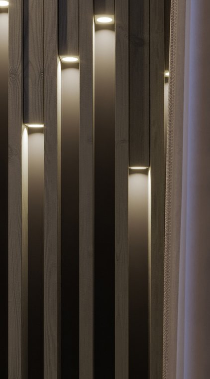 Προϊοντικός φωτορεαλισμός διακοσμητικού ξύλινου πάνελ με απαλό φωτισμό ανάδειξης για κομψό εσωτερικό χώρο.