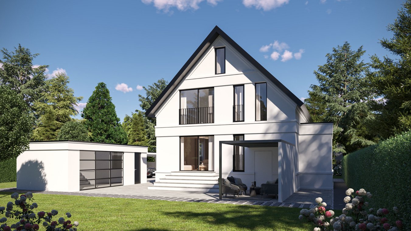 3D απεικόνιση μονοκατοικίας Αννόβερο – μοντέρνα λευκή πρόσοψη με δίρριχτη στέγη και μεγάλα παράθυρα μέχρι το δάπεδο