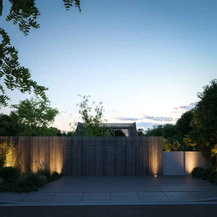 Αρχιτεκτονικός φωτορεαλισμός Gardenstraße – κομψή μοντέρνα αρχιτεκτονική με ευρύχωρη είσοδο, φυσικό περιβάλλον και αρμονικό φωτισμό.