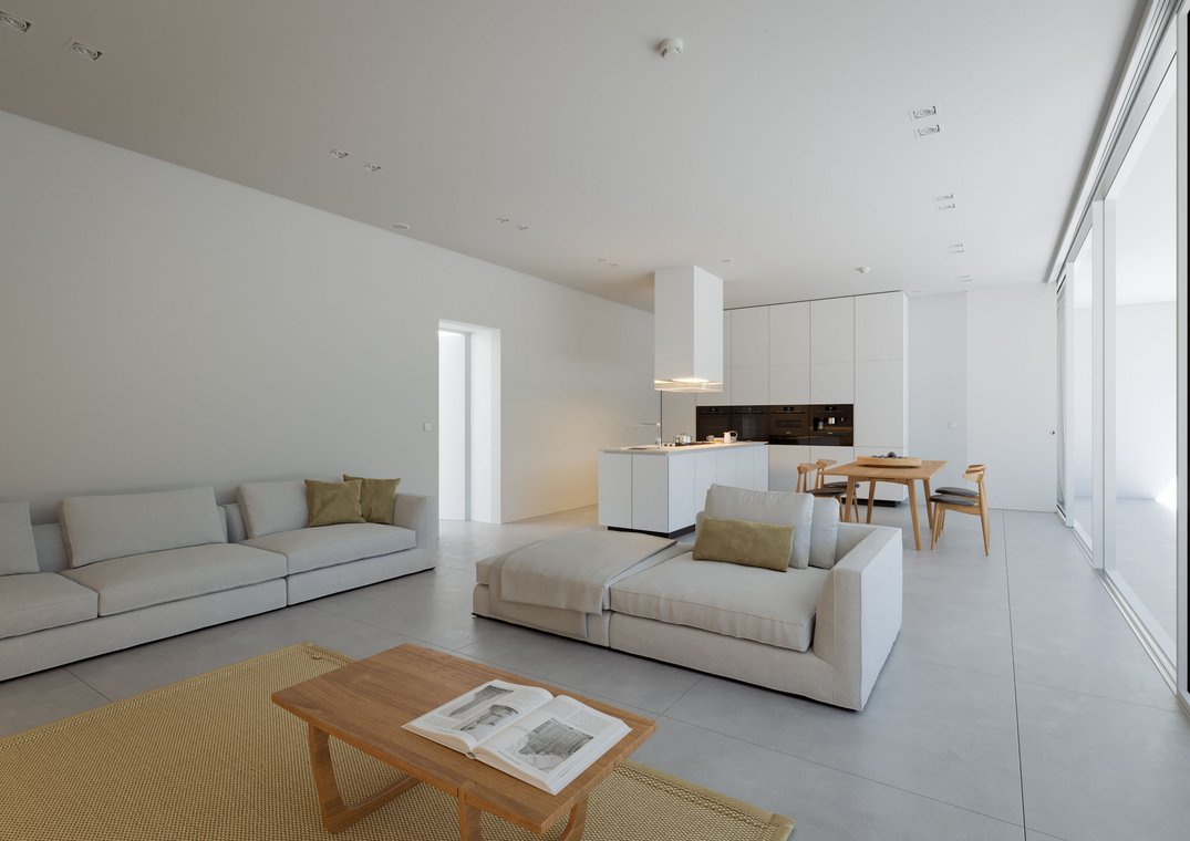 Υψηλής ποιότητας αρχιτεκτονικος φωτορεαλισμος φωτεινού καθιστικού με ανοιχτή κουζίνα στο σπίτι CUBUS, Ντίσελντορφ, από gmsvision.
