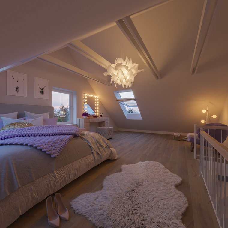 Υπνοδωμάτιο στη σοφίτα με επικλινή ταβάνια, ζεστή ατμόσφαιρα και τουαλέτα μακιγιάζ.