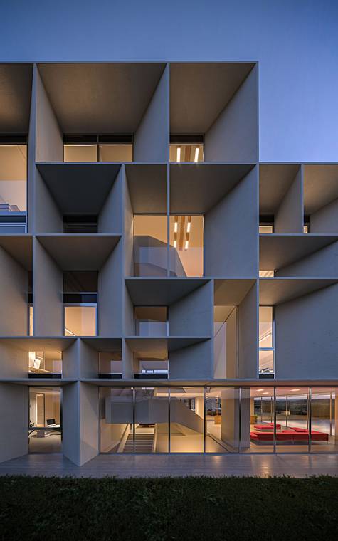 φωτορεαλιστική αρχιτεκτονική απεικόνιση της σύγχρονης πρόσοψης κτιρίου γραφείων