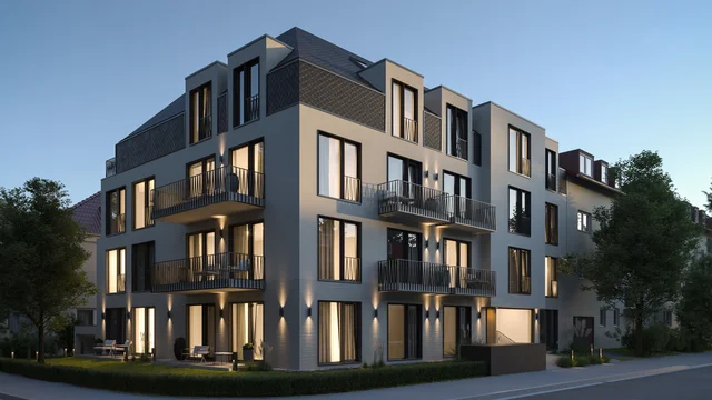 3D αρχιτεκτονικός φωτορεαλισμός από την gmsvision, που παρουσιάζει πρόσοψη σύγχρονης πολυκατοικίας με καθαρές γραμμές, μεγάλα παράθυρα και κομψά μπαλκόνια.