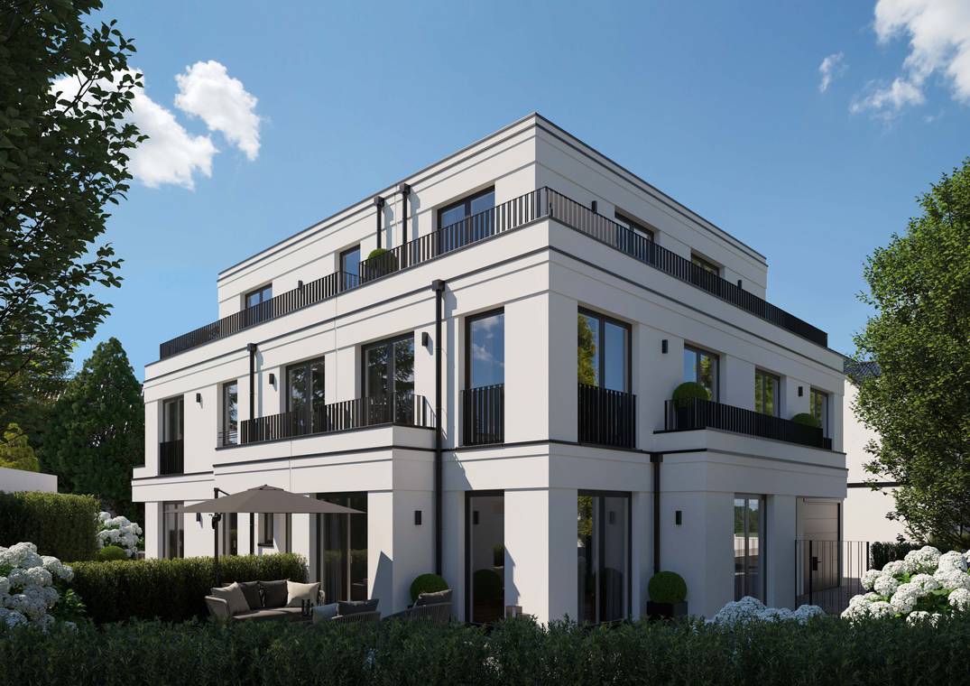 Προοπτική αρχιτεκτονική απεικόνιση της νέας οικοδομής στην οδό Gerlachweg στο Μόναχο με μπαλκόνια και κήπο