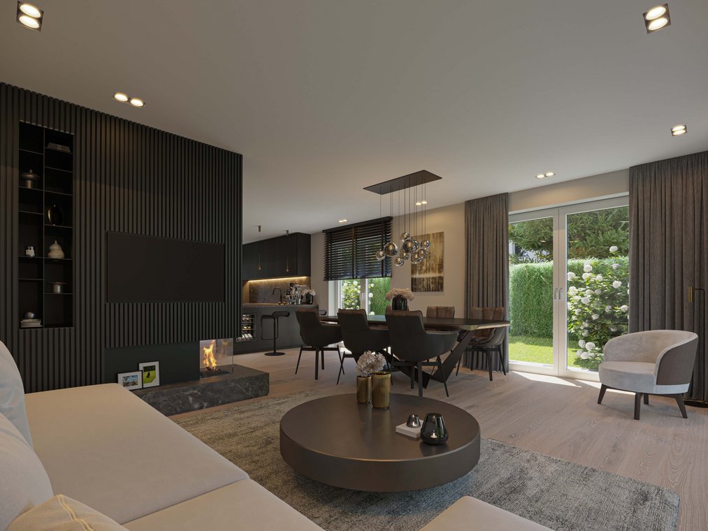 Κομψό σαλόνι με τραπεζαρία, σκούρες λεπτομέρειες και μεγάλα παράθυρα, υψηλής ποιότητας 3D απεικόνιση από gmsvision