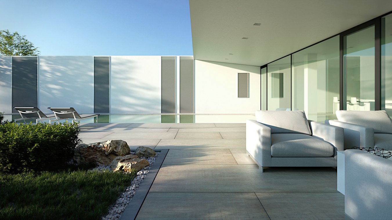 3D απεικόνιση σύγχρονης βεράντας στο Jesolo Lido, Ιταλία, με πισίνα, ξαπλώστρες και καθαρές γεωμετρικές γραμμές.