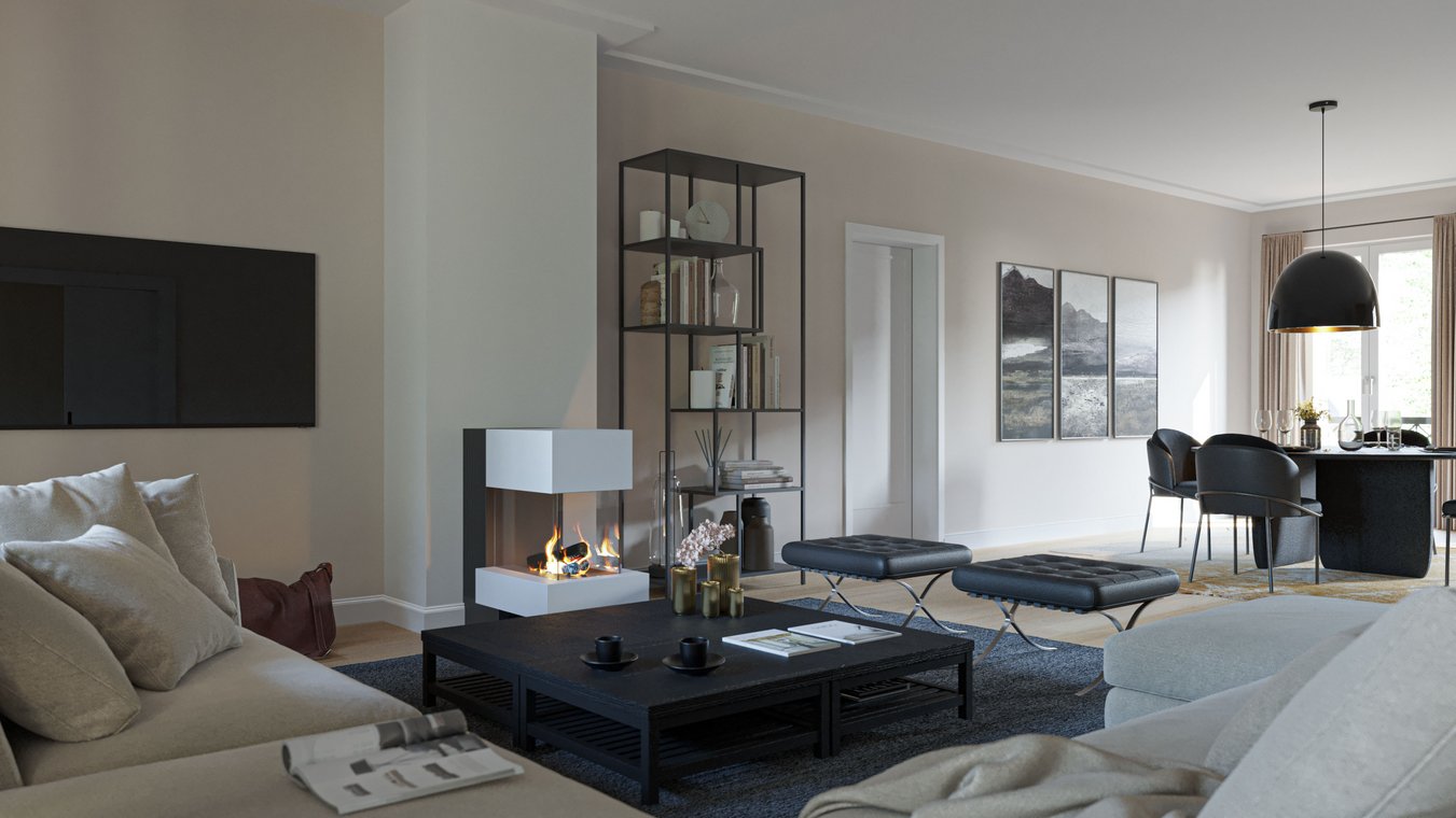 Αρχιτεκτονικός φωτορεαλισμός εσωτερικού με μοντέρνο σαλόνι στο Αμβούργο, ζεστό τζάκι, έπιπλα σχεδιαστών και ανοιχτή τραπεζαρία.