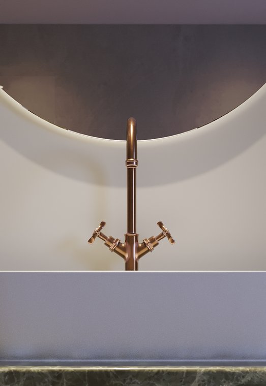 Προϊοντικός φωτορεαλισμός ενός κομψού χάλκινου βρύση πάνω από σύγχρονο λευκό νιπτήρα με διακριτικό φωτισμό καθρέφτη.