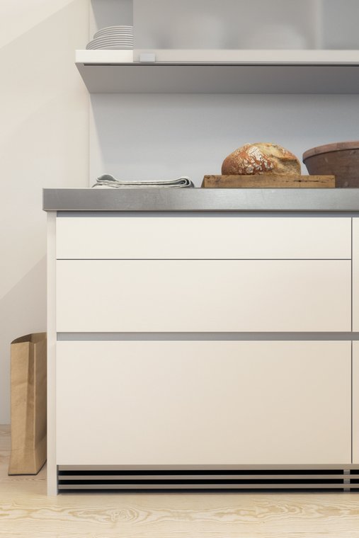 3D απεικόνιση πάγκου κουζίνας Bulthaup με φρέσκο ψωμί και κομψή διακόσμηση.