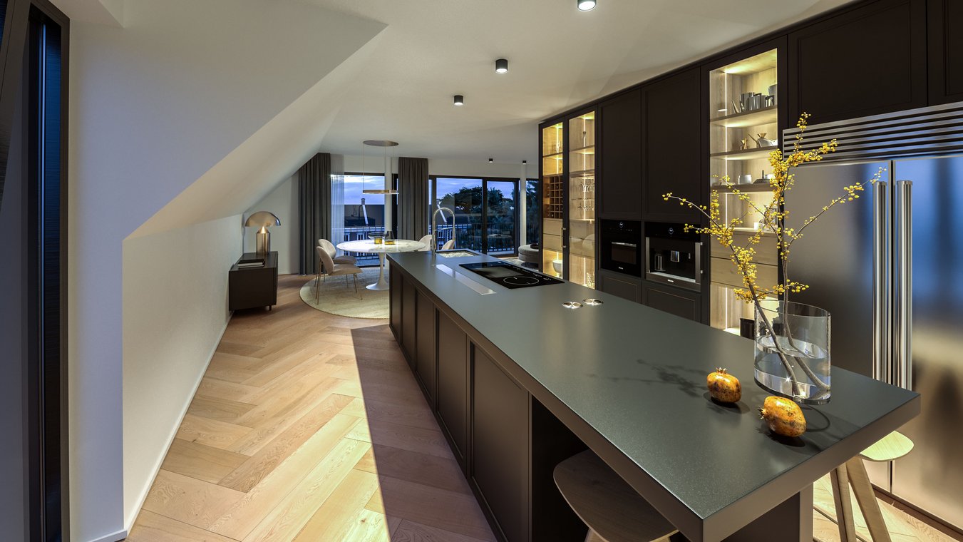 3D αρχιτεκτονικός φωτορεαλισμός από την gmsvision που απεικονίζει πολυτελή μοντέρνα κουζίνα με μαύρη νησίδα, κομψές ξύλινες λεπτομέρειες και θέα στην φωτεινή τραπεζαρία.