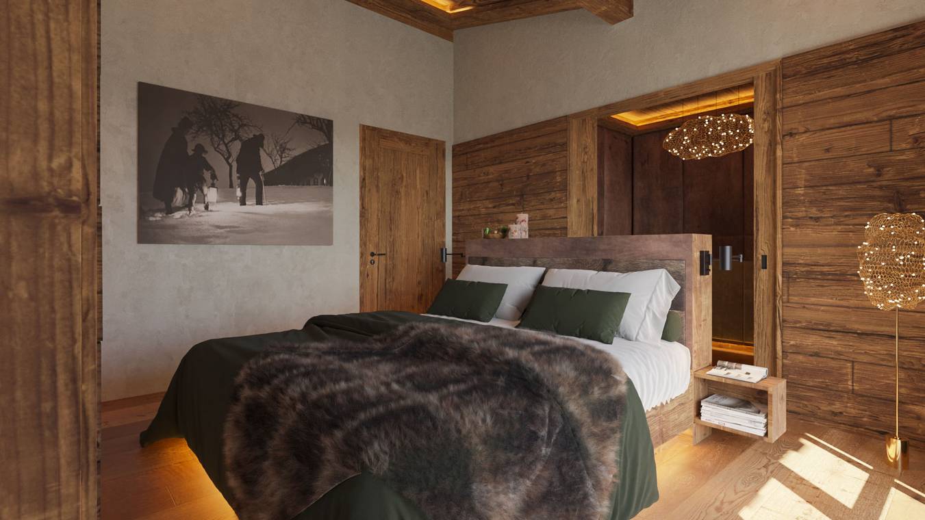 φωτορεαλιστικό interior rendering υπνοδωματίου alpine chalet με φυσικά ξύλινα υλικά