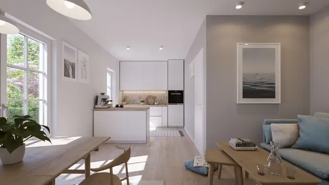 3D απεικόνιση ενός σύγχρονου διαμερίσματος διακοπών στην Βαλτική με φωτεινό σαλόνι και τραπεζαρία, ξύλινο τραπέζι, μινιμαλιστική κουζίνα και γαλάζιο καναπέ.