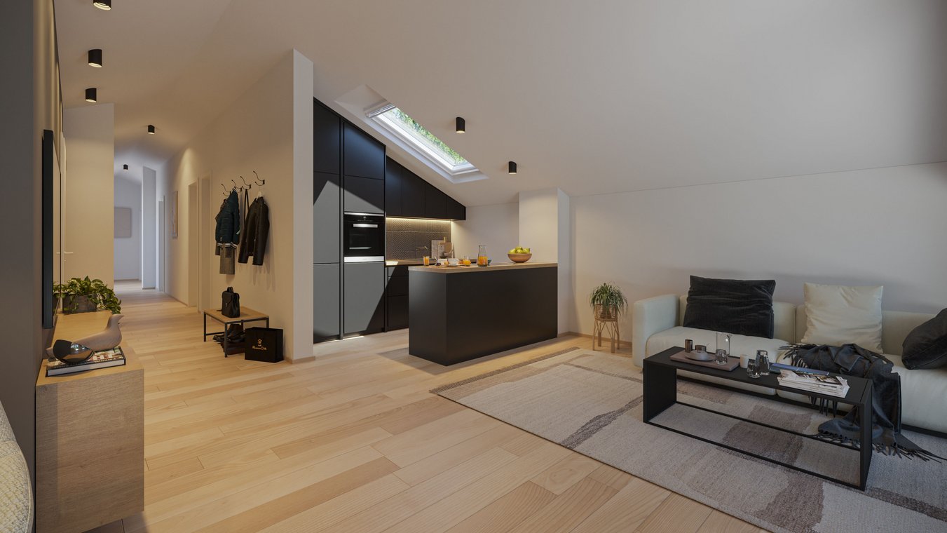 3D Αρχιτεκτονικός φωτορεαλισμός ανοιχτής κουζίνας με μαύρα ντουλάπια, νησίδα και άνετο σαλόνι, από gmsvision.