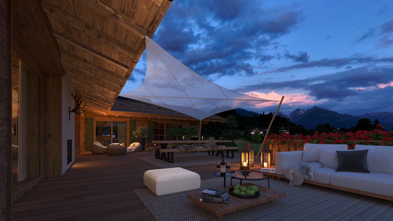 D απεικόνιση μιας πολυτελούς βεράντας σαλέ στο Κιτσμπυέλ το σούρουπο, με άνετους καναπέδες, φαναράκια και πανοραμική θέα στις Άλπεις.