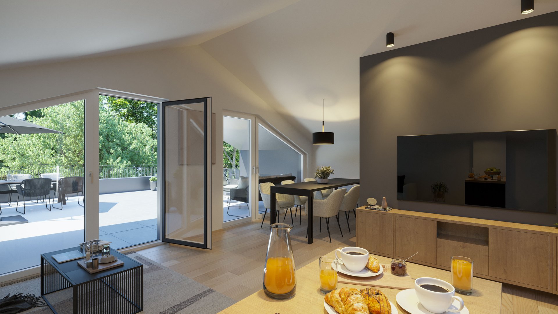 3D Αρχιτεκτονικός φωτορεαλισμός μοντέρνου σαλονιού με τραπεζαρία, τοίχο τηλεόρασης και πρόσβαση σε ευρύχωρη βεράντα, από gmsvision.