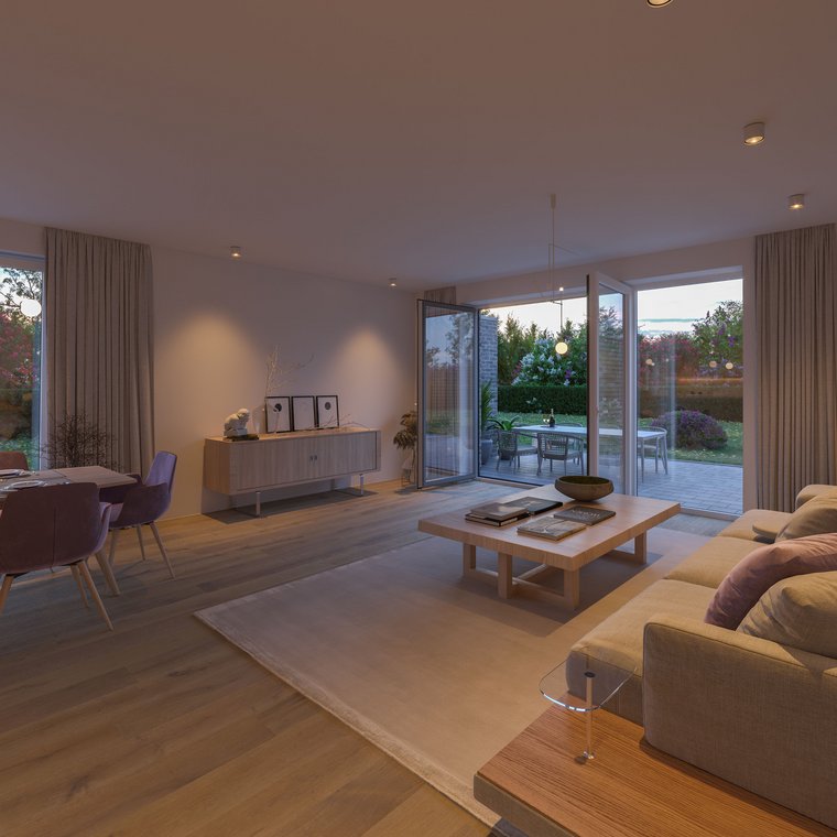 Καθιστικό με σύγχρονη διακόσμηση, ανοιχτή θέα στη βεράντα και τον κήπο