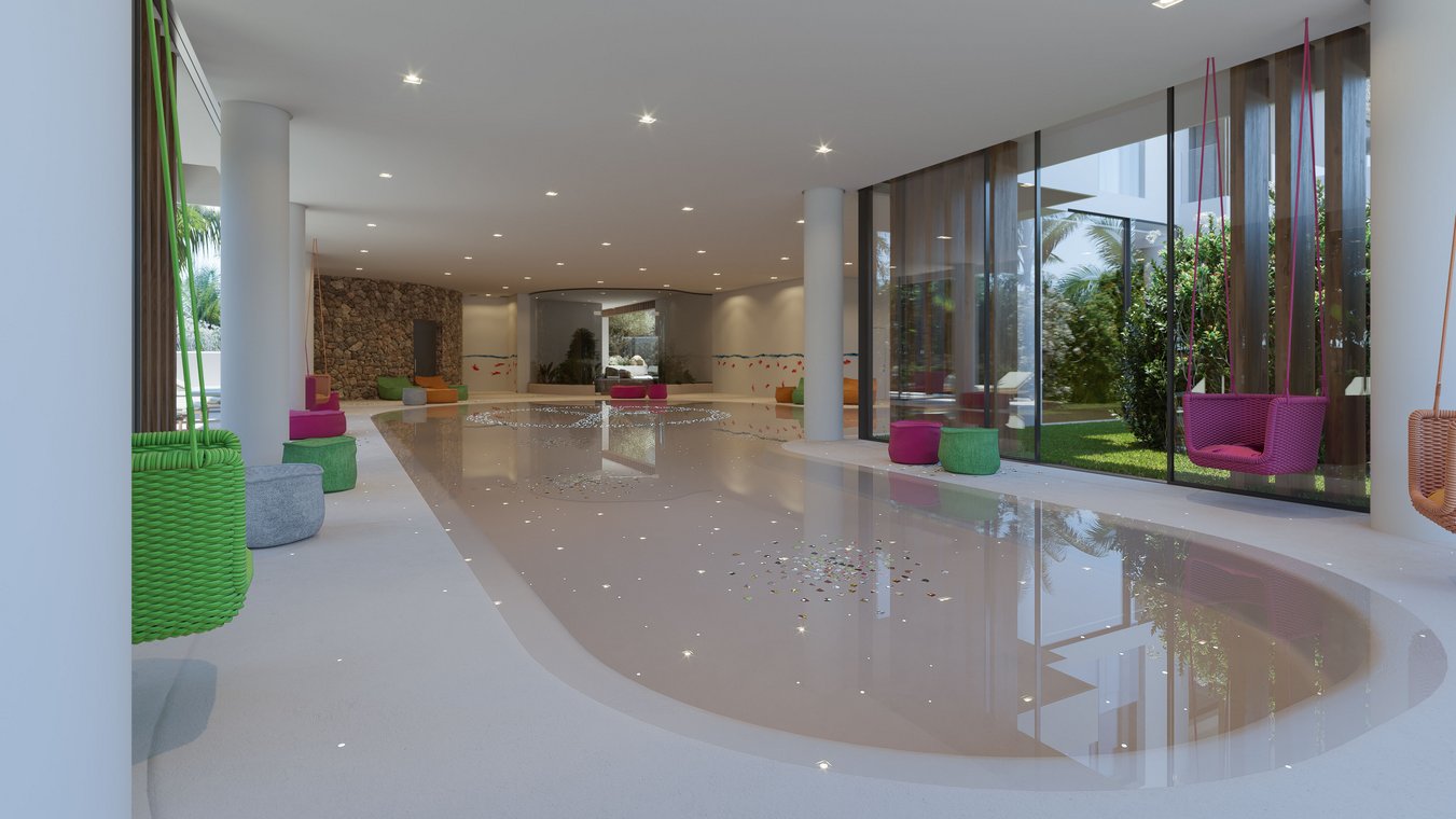 Εσωτερική πισίνα με πολύχρωμες κούνιες και μοντέρνους χώρους χαλάρωσης, κομψή 3D απεικόνιση από gmsvision