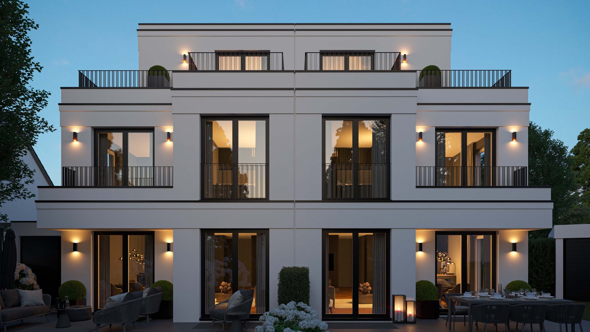 Αρχιτεκτονική απεικόνιση σύγχρονου κτιρίου κατοικιών στην οδό Gerlachweg στο Μόναχο με απογευματινό φωτισμό