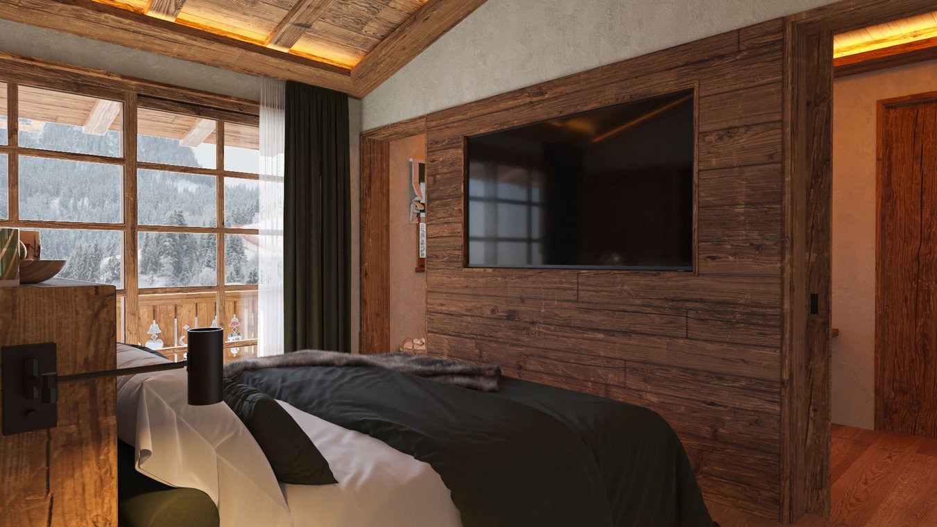 3D απεικόνιση ενός κομψού υπνοδωματίου με μεγάλη τηλεόραση, ξύλινη διακόσμηση και πανοραμική θέα στο χιονισμένο αλπικό τοπίο, δημιουργία της gmsvision.