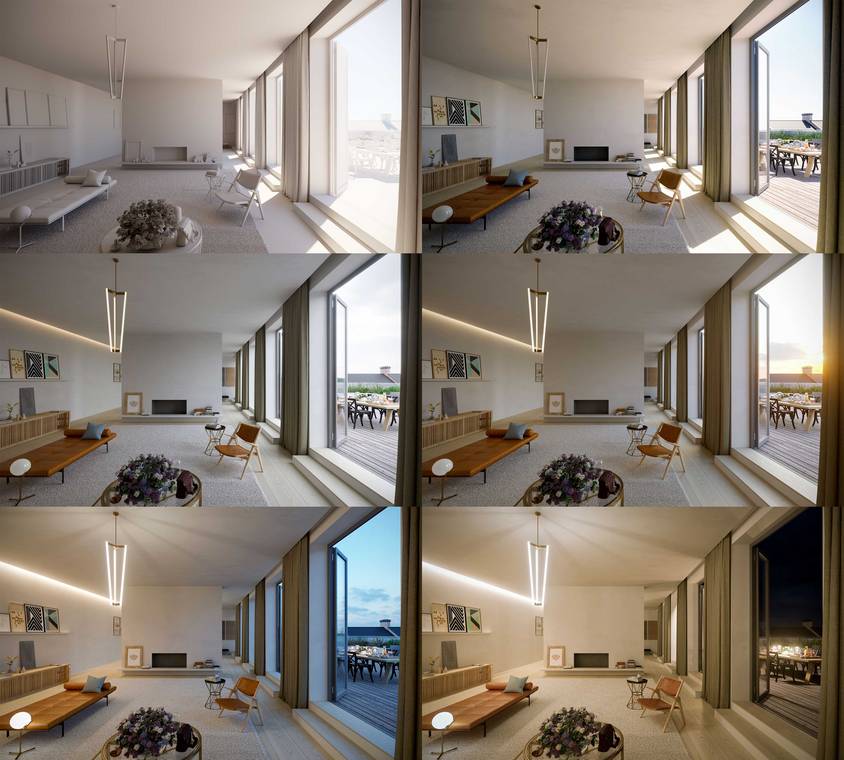 Αρχιτεκτονικός φωτορεαλισμός μελέτης φωτισμού για ρετιρέ στο Βερολίνο, που δείχνει τον ίδιο χώρο σε διαφορετικές συνθήκες φωτός ημέρας και νύχτας.