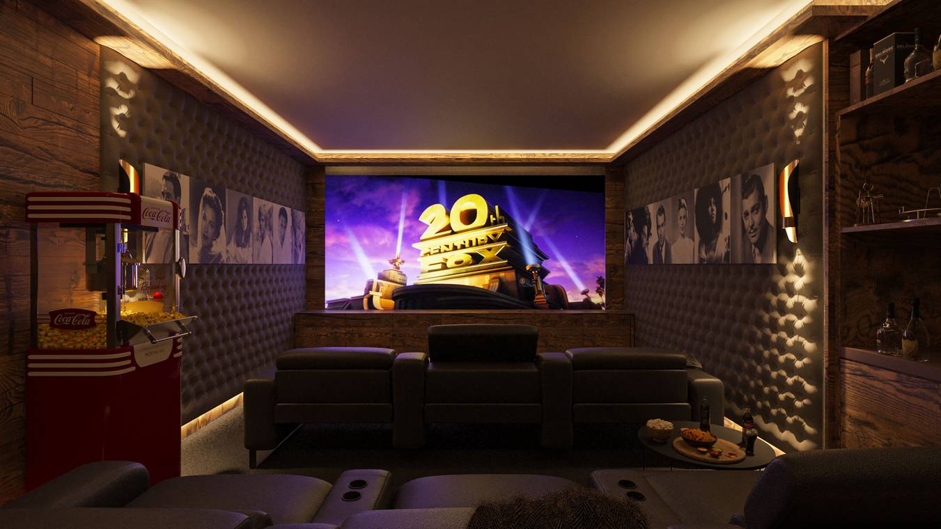φωτορεαλιστικό 3D rendering ιδιωτικής αίθουσας home cinema σε πολυτελή κατοικία