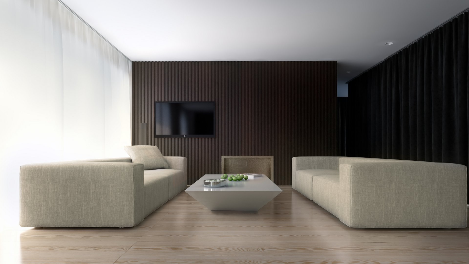 3D απεικόνιση από την gmsvision ενός μινιμαλιστικού σαλονιού στο Βερολίνο με δύο μπεζ καναπέδες, ένα κομψό τραπεζάκι και ξύλινο τοίχο με ενσωματωμένη τηλεόραση.