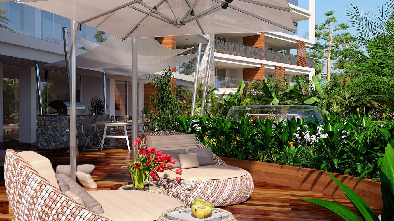 3D απεικόνιση μοντέρνας βεράντας στην Πόρταλς Νους Μαγιόρκα με έπιπλα lounge, τροπικά φυτά και κομψές ομπρέλες.