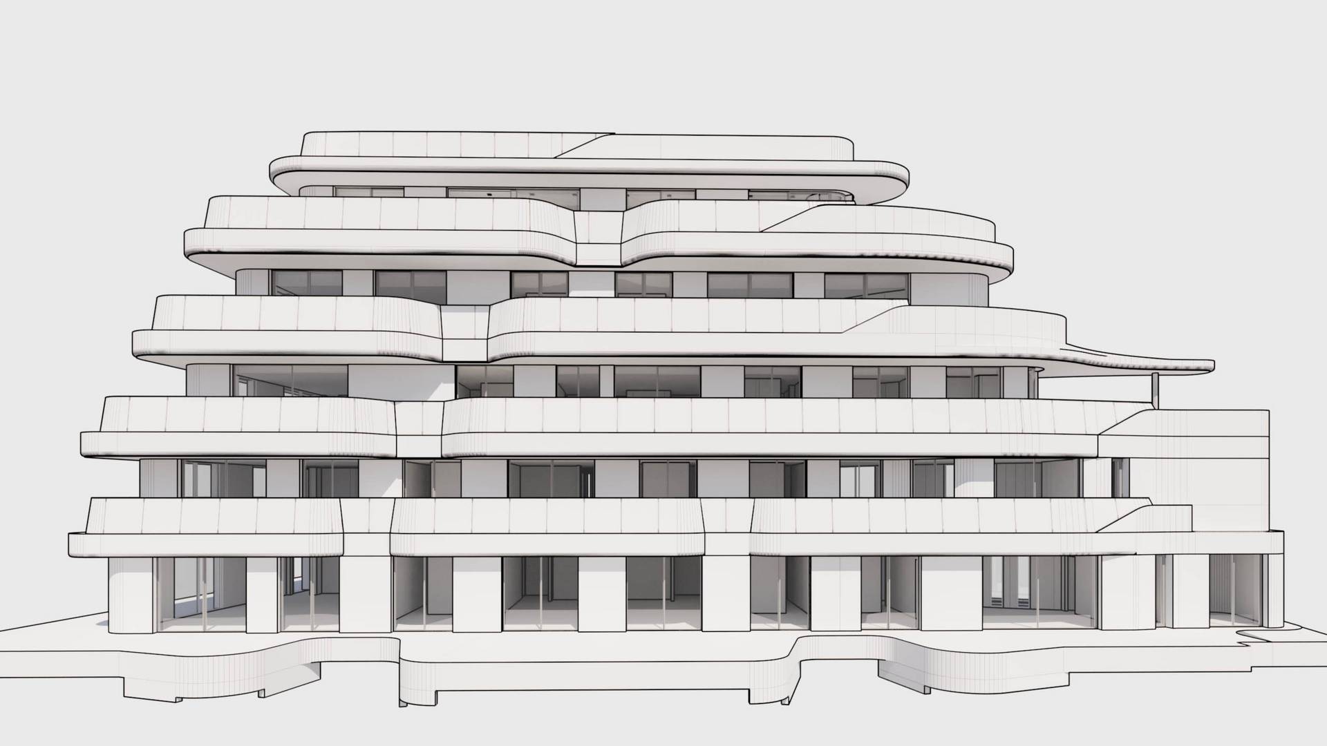 3D μοντέλο του THE ONE Ibiza με οργανική γεωμετρία πρόσοψης